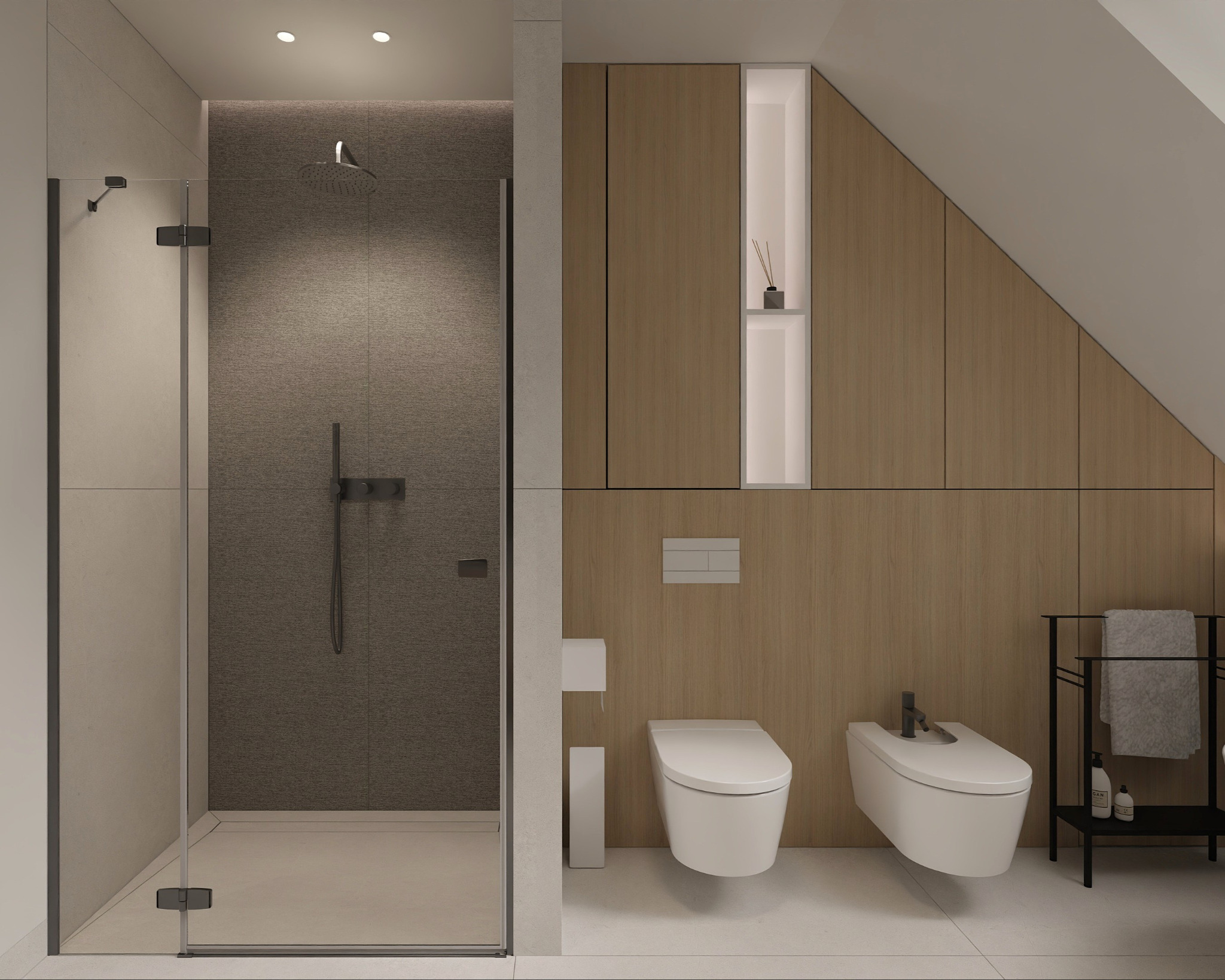 Nowoczesna łazienka na poddaszu z kabiną prysznicową typu walk-in, wiszącą toaletą i bidetem. Drewniane szafki w zabudowie podkreślają minimalistyczny design.