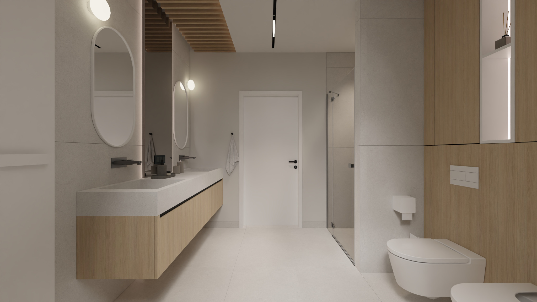 Nowoczesna łazienka z owalnymi lustrami, drewnianymi szafkami pod umywalką, minimalistyczną toaletą i kabiną prysznicową ze szklanymi drzwiami.