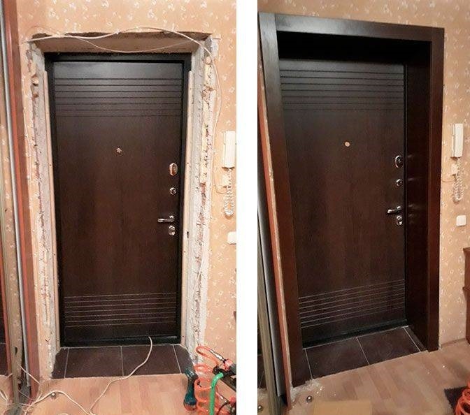 Porównanie: Montaż brązowych drzwi wejściowych z czarną ramą. Po lewej surowy otwór, po prawej wykończony, z listwami i dopasowaną podłogą.