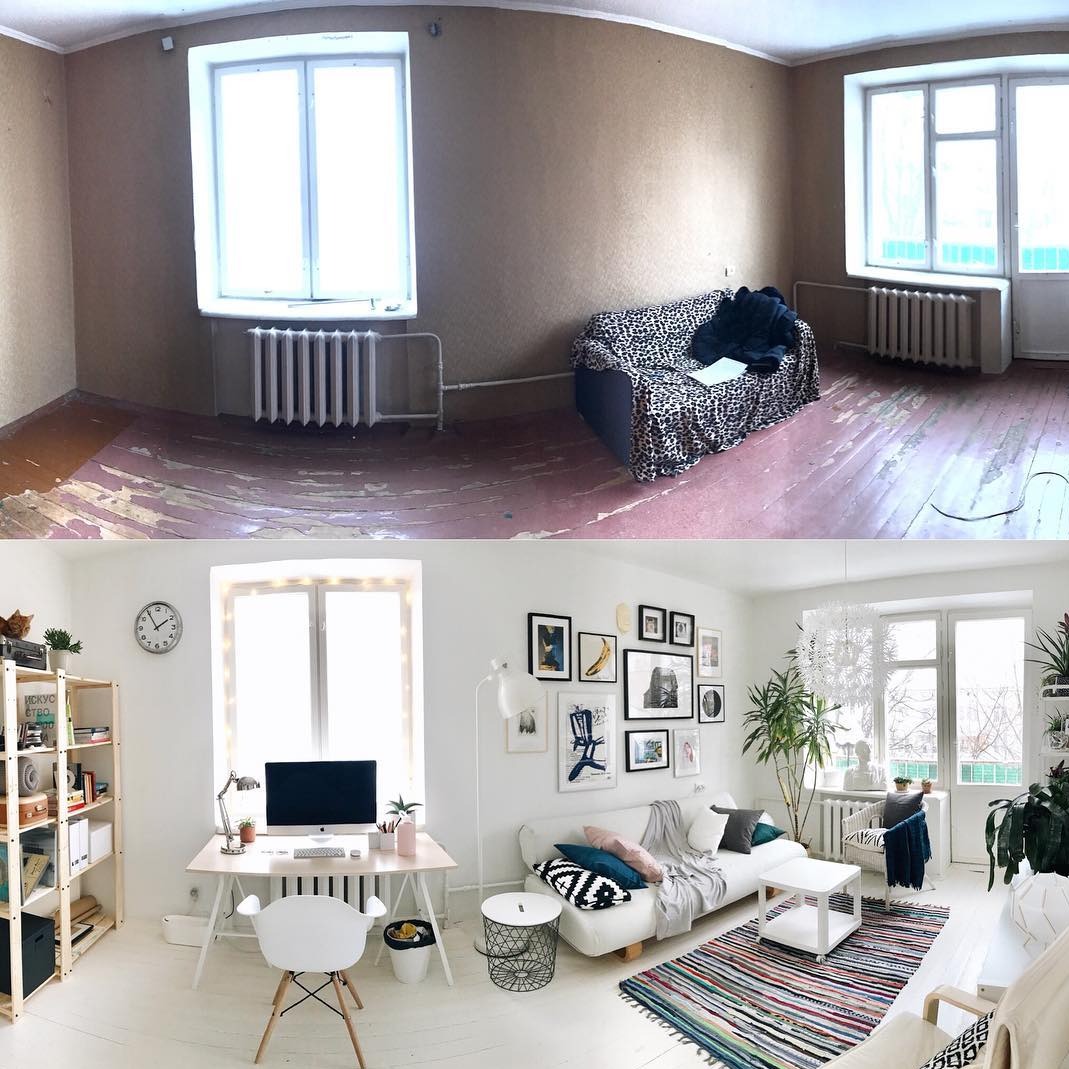 Zdjęcie 'przed i po' przedstawia metamorfozę pokoju: od zaniedbanego wnętrza z brązowymi ścianami i zniszczoną podłogą do jasnego, nowoczesnego salonu z białymi ścianami i meblami.