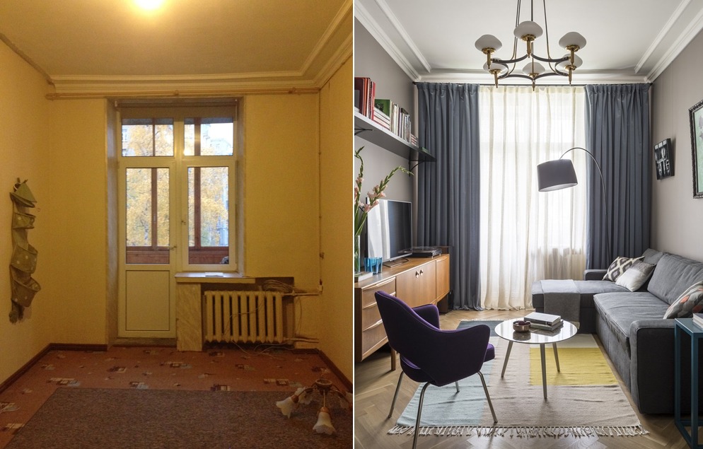 Remont pokoju w Warszawie: zdjęcie 'przed i po' ukazuje metamorfozę wnętrza. Od zaniedbanego stanu do stylowego salonu z nowym oknem balkonowym i nowoczesnym wystrojem.