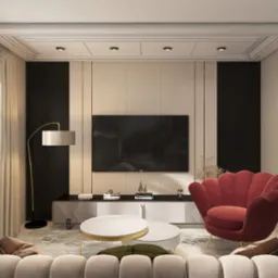 Elegancki salon z telewizorem, czerwonym fotelem w kształcie muszli i nowoczesnym oświetleniem. Minimalistyczny design z akcentami złota i czerni.