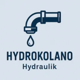 Grafika z niebieskim symbolem kranu z kroplą wody i napisem 'HYDROKOLANO Hydraulik' na jasnoniebieskim tle. Prosty, nowoczesny design.