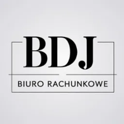 Logo biura rachunkowego BDJ w czerni na jasnoszarym tle, z nazwą firmy i dopiskiem 'Biuro Rachunkowe' w minimalistycznej, geometrycznej ramce.