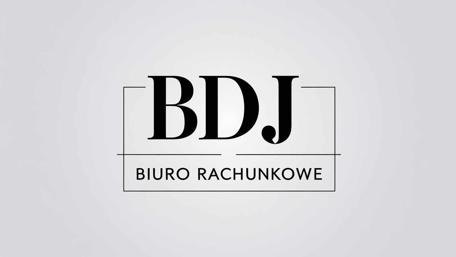 Logo biura rachunkowego BDJ w czerni na jasnoszarym tle, z nazwą firmy i dopiskiem 'Biuro Rachunkowe' w minimalistycznej, geometrycznej ramce.