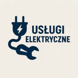 Grafika: granatowy wtyk z błyskawicą i klucz francuski połączone w całość, obok napis 'Usługi Elektryczne' na kremowym tle.