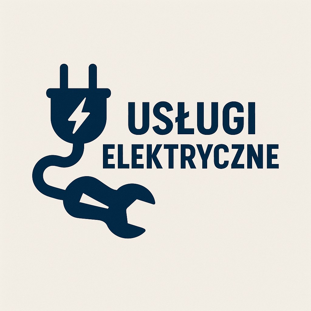 Grafika: granatowy wtyk z błyskawicą i klucz francuski połączone w całość, obok napis 'Usługi Elektryczne' na kremowym tle.