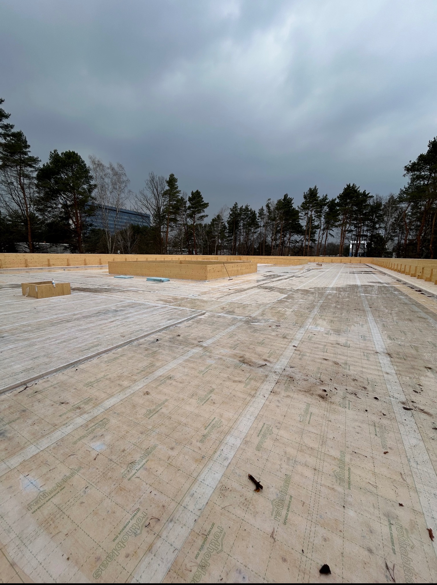 Montaż membrany dachowej Rothoblaas na drewnianej konstrukcji. Widok z góry na płaską powierzchnię z widocznymi drzewami i budynkiem w tle.