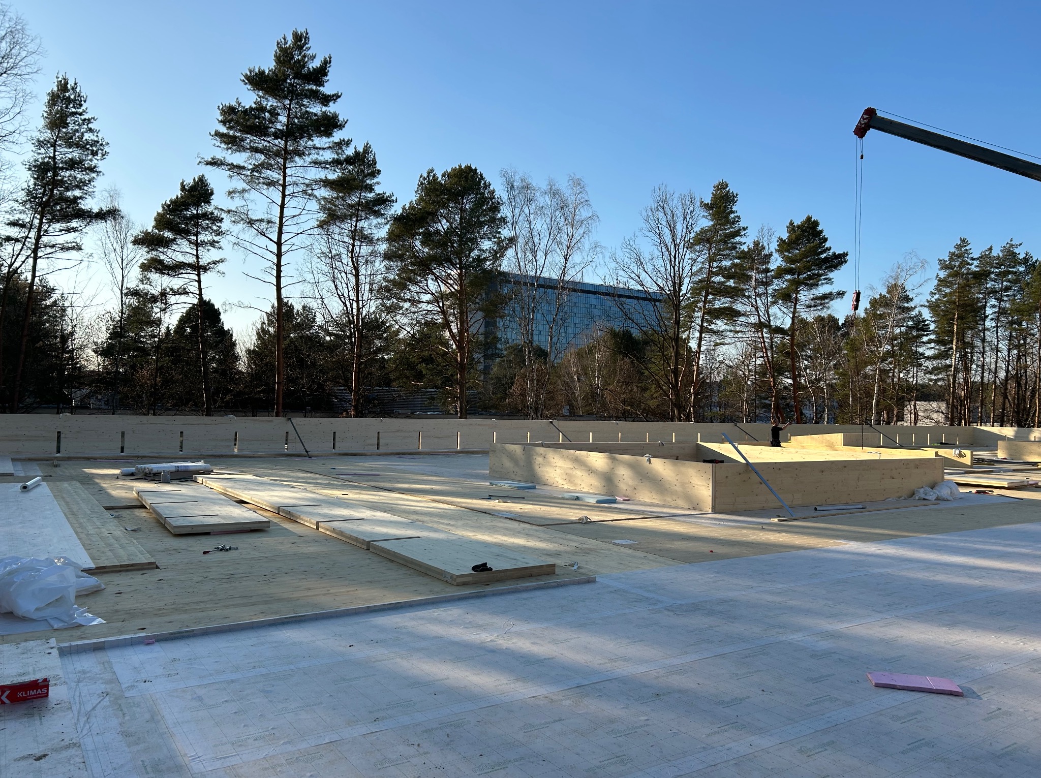 Wczesny etap budowy domu z drewnianych paneli na fundamencie, widoczny żuraw budowlany, w tle las i budynek biurowy. Słoneczny dzień.