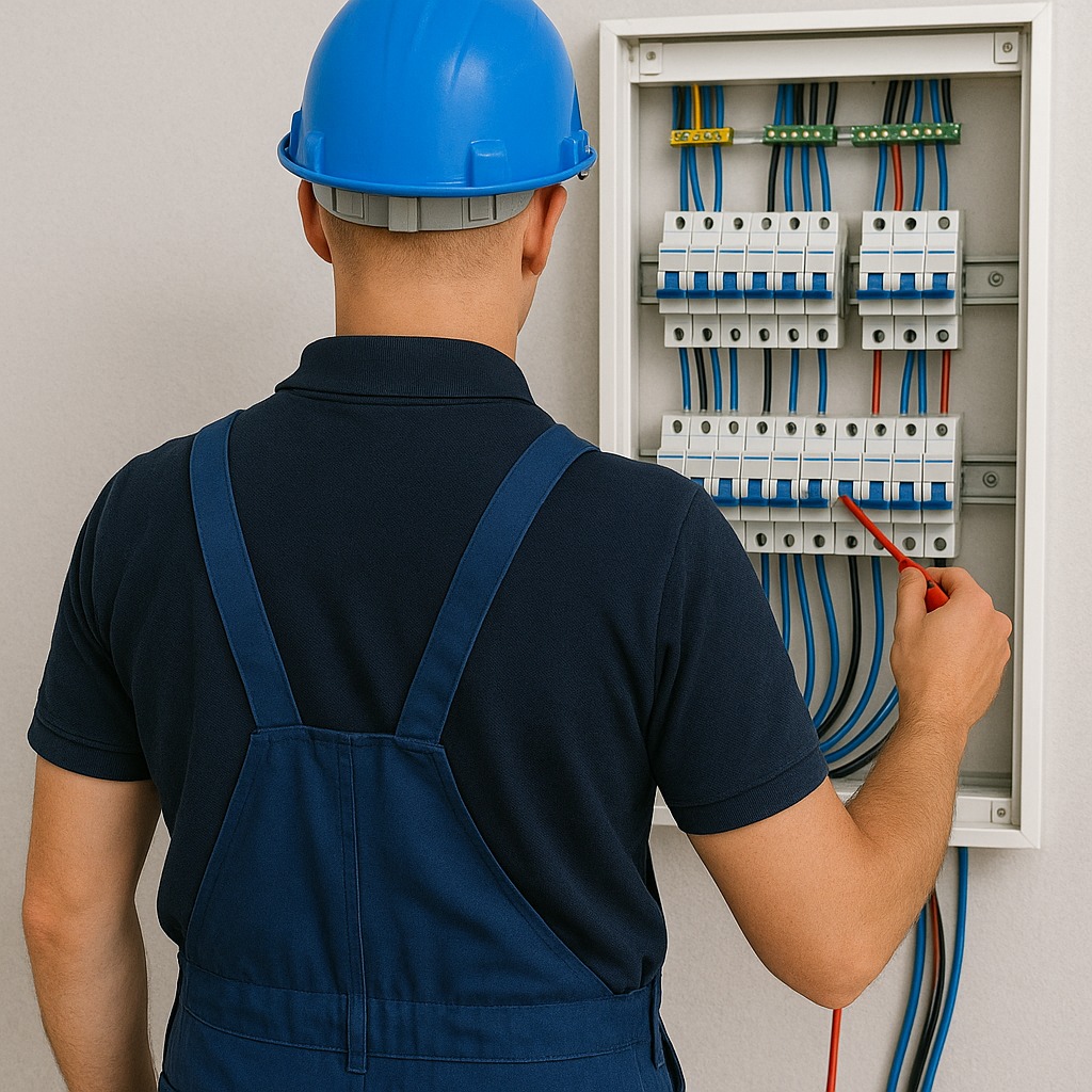 Elektryk w niebieskim kombinezonie sprawdza instalację elektryczną w rozdzielnicy, używając próbnika napięcia. Widok z tyłu, skupienie na tablicy z bezpiecznikami.