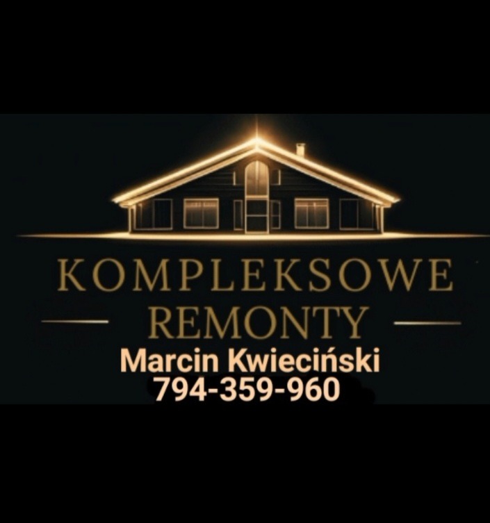 Eleganckie logo firmy remontowej: złoty zarys domu, napis 'Kompleksowe Remonty', imię i nazwisko oraz numer telefonu na ciemnym tle.