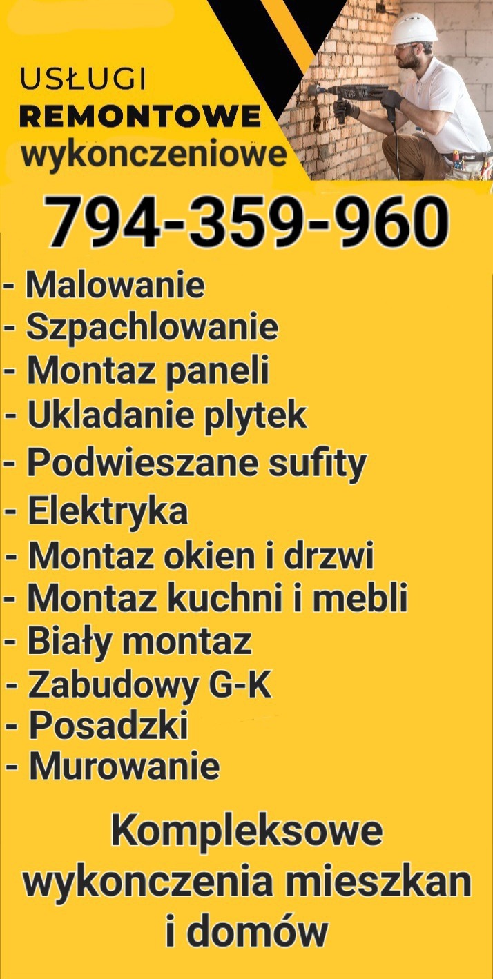Mężczyzna w kasku wierci otwór w ceglanej ścianie. Na żółtym tle numer telefonu i lista usług remontowych.