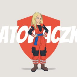 Skilled at Safety - Ratowacze.pl - Ilustracja: blondwłosa ratowniczka w kombinezonie na tle czerwonej tarczy z napisem 'RATOWNICZKA'. Grafika w stylu anime, idealna na kurs pierwszej pomocy.