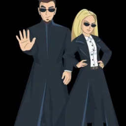 Karykatura instruktorów w czarnych strojach i okularach, prezentujących zasady bezpieczeństwa. Mężczyzna z uniesioną dłonią, kobieta z rękami na biodrach.