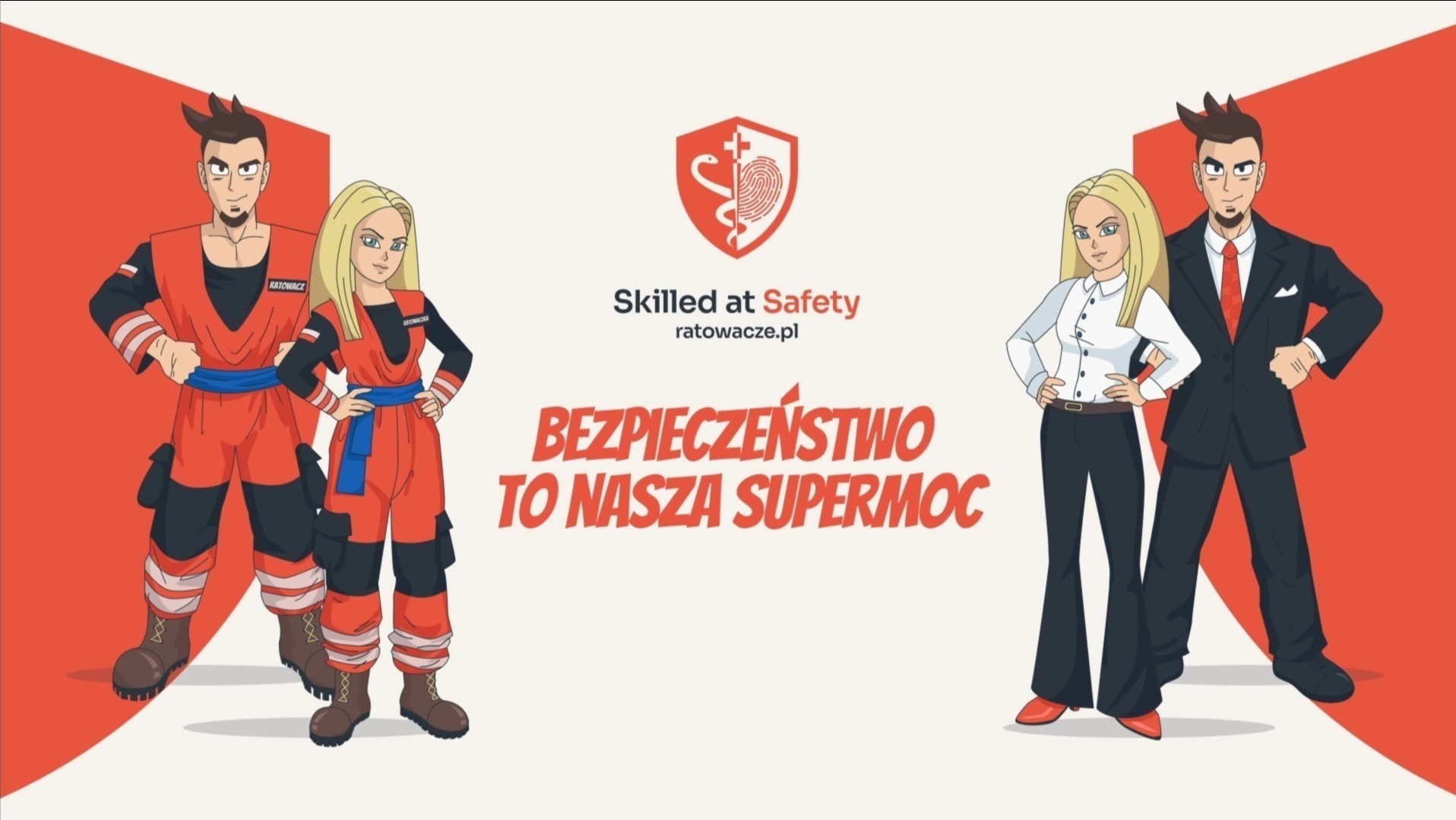 Ilustracja z postaciami w strojach ratowników i eleganckich ubraniach, logo 'Skilled at Safety' oraz hasłem 'Bezpieczeństwo to nasza supermoc'.
