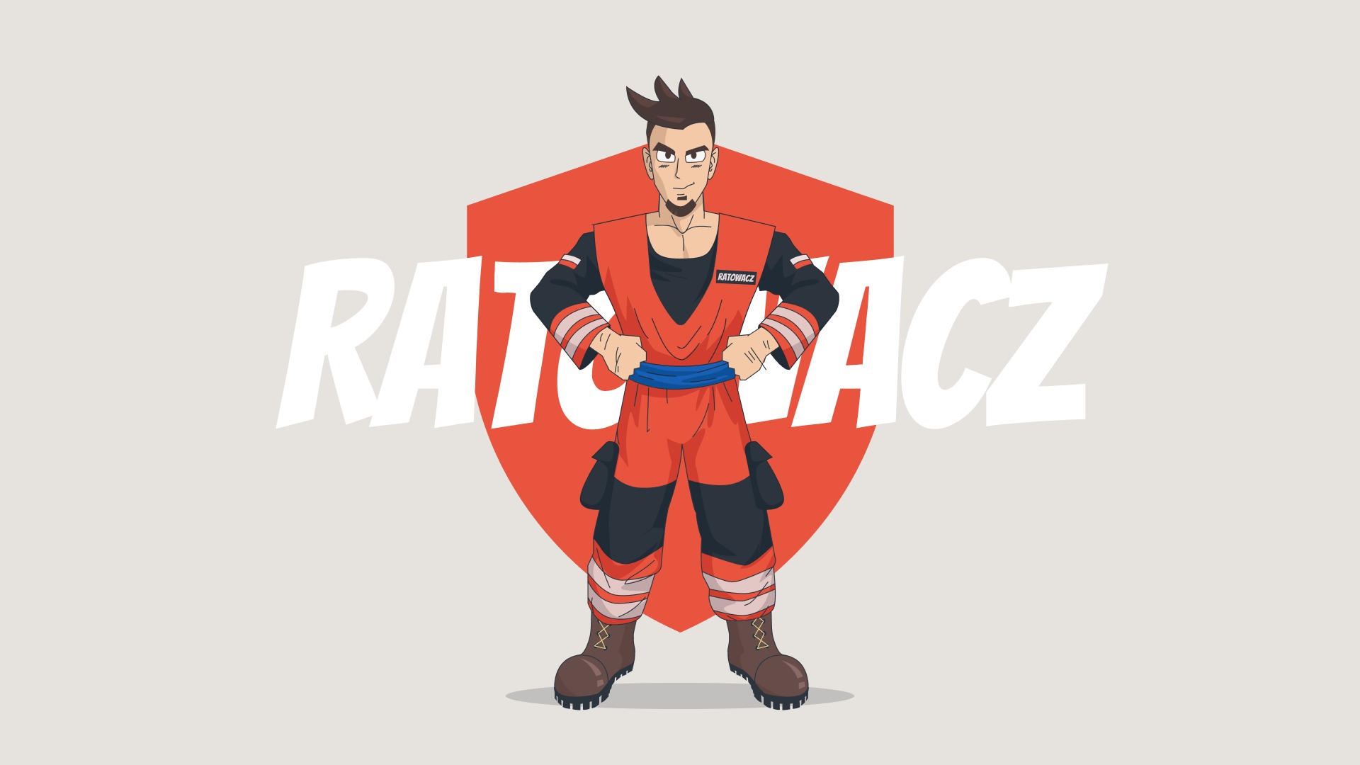 Ilustracja: mężczyzna w kombinezonie ratownika medycznego na tle tarczy z napisem 'RATOWACZ'. Postać w stylu anime, z dłońmi opartymi na biodrach, pewny wyraz twarzy.
