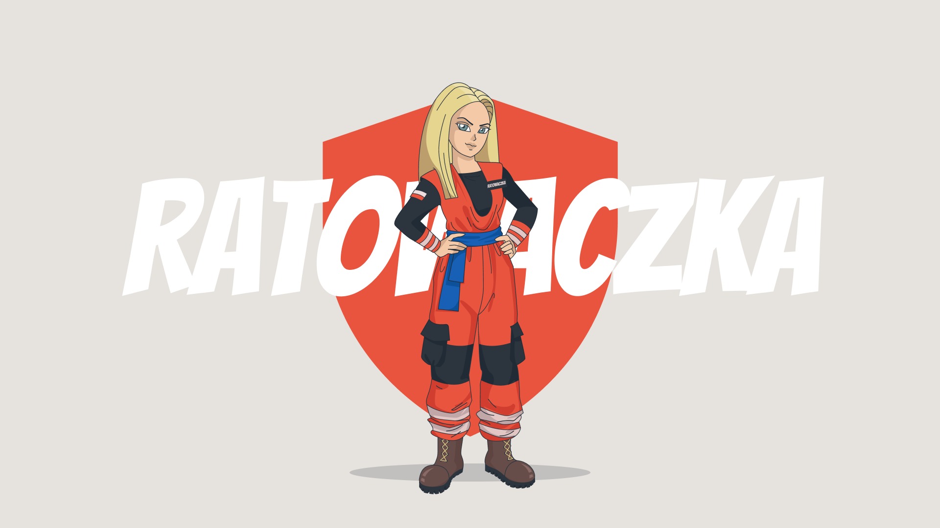 Ilustracja: blondwłosa ratowniczka w kombinezonie na tle czerwonej tarczy z napisem 'RATOWNICZKA'. Grafika w stylu anime, idealna na kurs pierwszej pomocy.