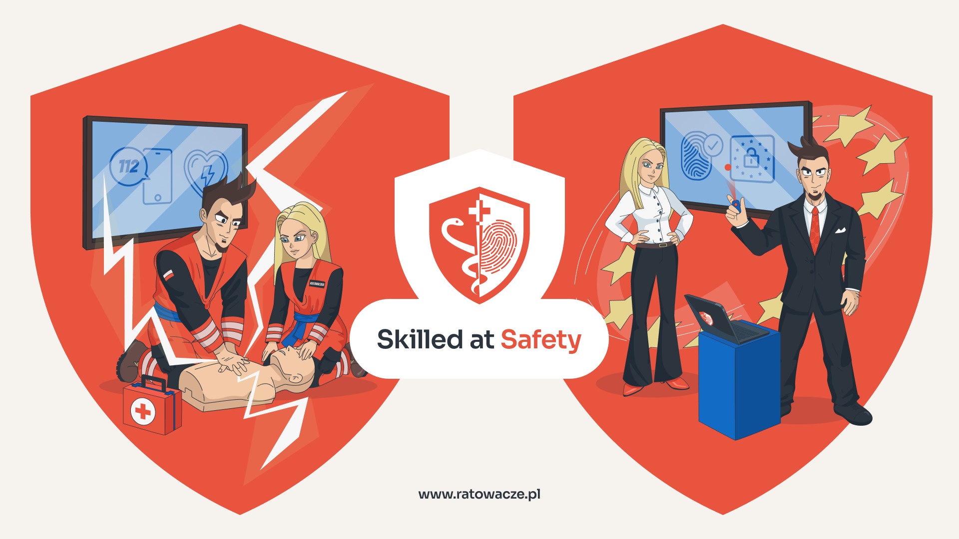 Animowana grafika: instruktorzy z manekinem do RKO, laptopem i ekranem dotykowym, symbolizująca szkolenie z zasad bezpieczeństwa i udzielania pierwszej pomocy.