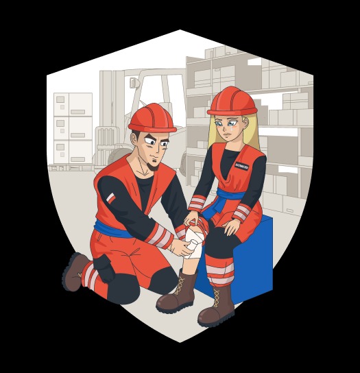 Ilustracja: Mężczyzna w stroju ratownika opatruje kolano kobiety w podobnym stroju. W tle magazyn z wózkiem widłowym. Grafika w kształcie tarczy.