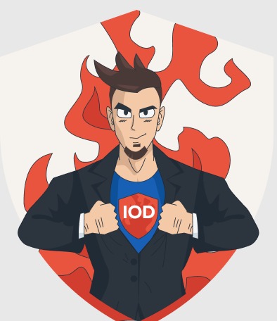 Ilustracja mężczyzny w garniturze, rozrywającego koszulę, pod którą widnieje logo IOD na tle płomieni i tarczy. Stylizowany superbohater.