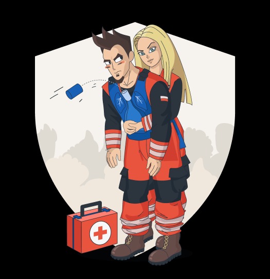 Ilustracja: Kobieta ratownik udziela pierwszej pomocy mężczyźnie w stroju ratownika medycznego. Obok apteczka. Tło: sylwetki ludzi.