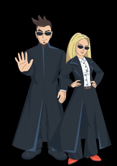 Karykatura instruktorów w czarnych strojach i okularach, prezentujących zasady bezpieczeństwa. Mężczyzna z uniesioną dłonią, kobieta z rękami na biodrach.