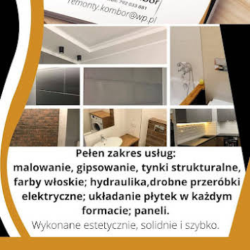 Mozaika zdjęć z wnętrz: gładzie, płytki, umywalka, kabina prysznicowa. U dołu zakres usług: malowanie, gipsowanie, tynki, hydraulika, elektryka, płytki, panele.
