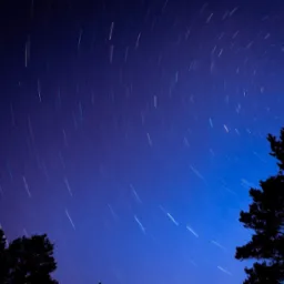 Nocne niebo w odcieniach granatu z długą ekspozycją, ukazujące ruch gwiazd w formie smug światła. Sylwetki drzew w dolnej części kadru dodają głębi.