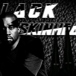 PR Graphics Zumkowski-Pawłowicz - Czarno-biały portret Kanye Westa z ostrym cieniem na twarzy, na tle ziarnistego tła z napisem 'BLACK SKINHEAD' i trzema ciemnymi, spiczastymi kapturami z jarzącymi oczami.