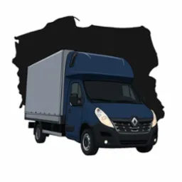 Ilustracja niebieskiego busa Renault na tle czarnej mapy Polski, grafika wektorowa z detalami oświetlenia i karoserii, na białym tle.