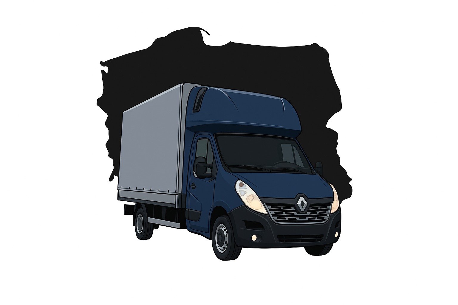 Ilustracja niebieskiego busa Renault na tle czarnej mapy Polski, grafika wektorowa z detalami oświetlenia i karoserii, na białym tle.