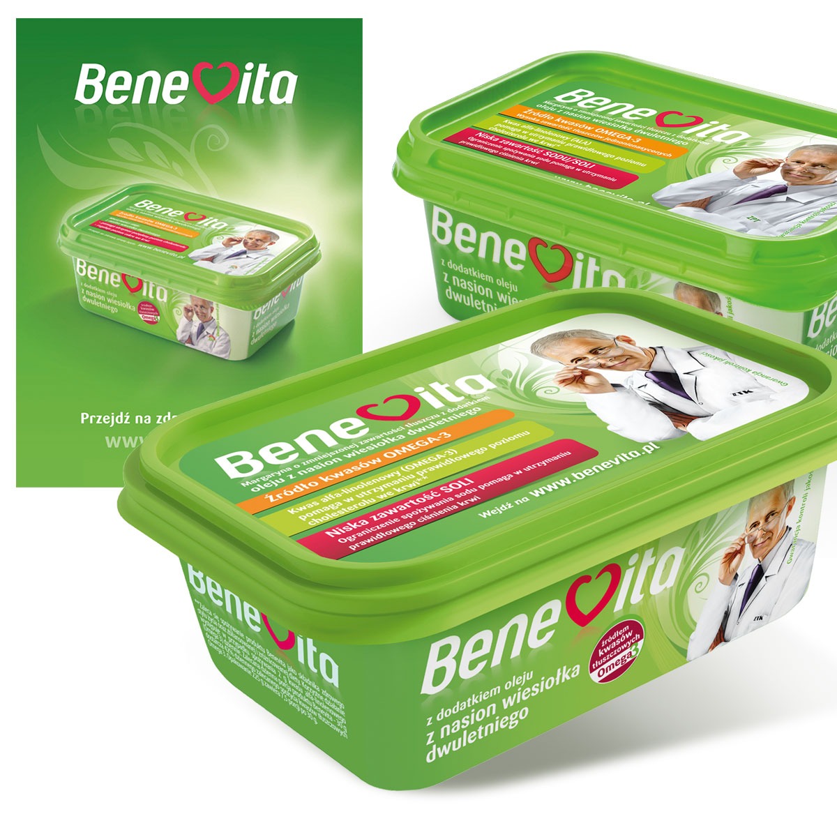 Zielone opakowania margaryny Bene Vita na białym tle. Na każdym opakowaniu widoczny jest wizerunek lekarza w okularach i informacje o zawartości Omega-3.