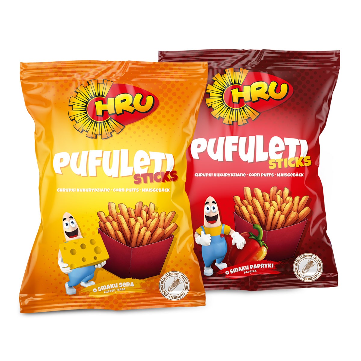 Dwa opakowania chrupek kukurydzianych HRU Pufulet Sticks: żółte (serowe) i czerwone (paprykowe). Na opakowaniach zabawne grafiki postaci i zawartości. Bezglutenowe.