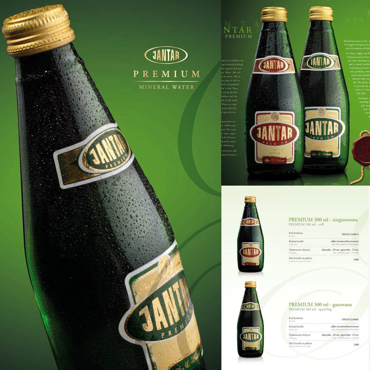 Butelka wody mineralnej Jantar Premium z kroplami wody na etykiecie i tle. Produkt w odcieniach zieleni i złota, z widocznym logo marki.