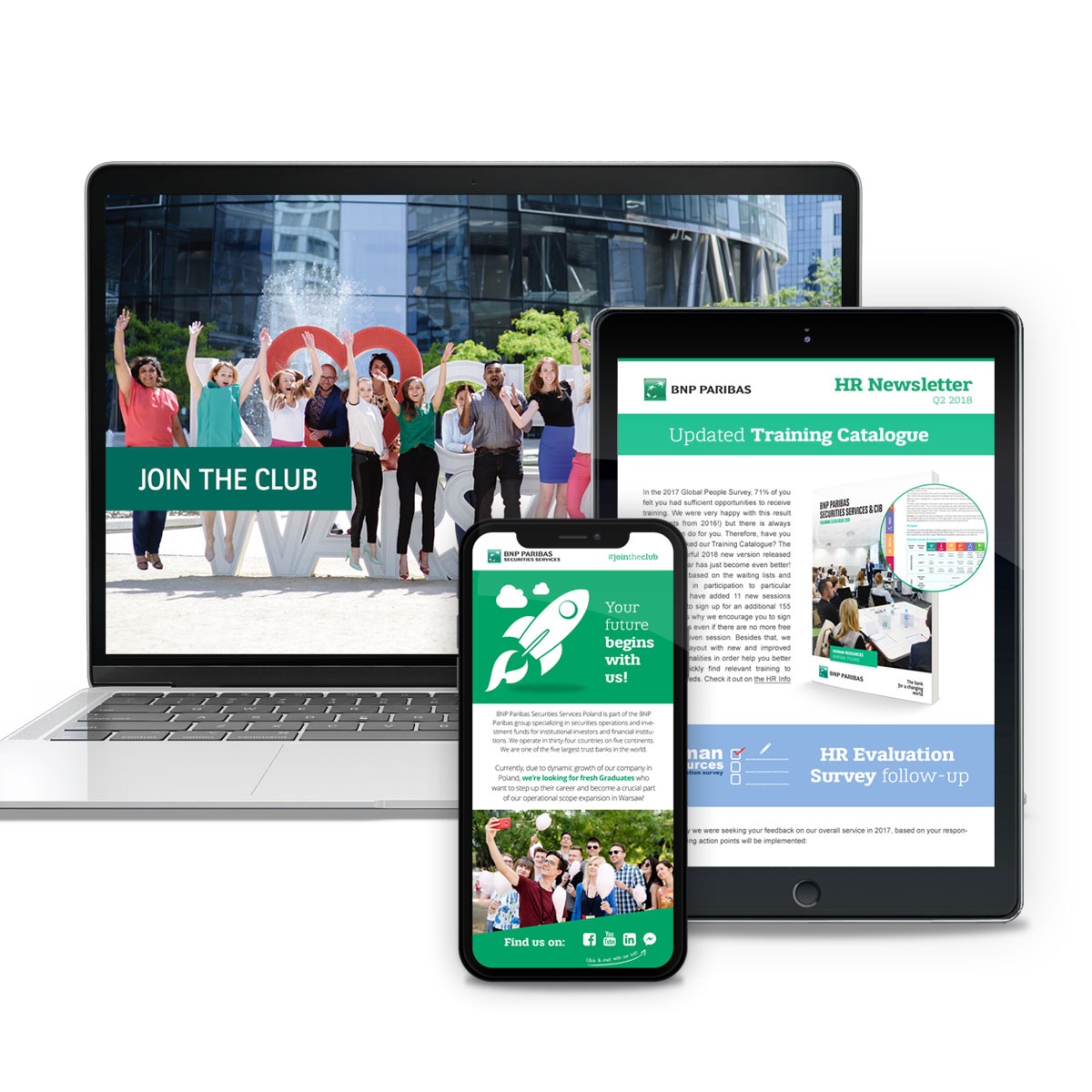 Prace projektowe (ulotki, newslettery, katalog szkoleń) dla marki BNP Paribas