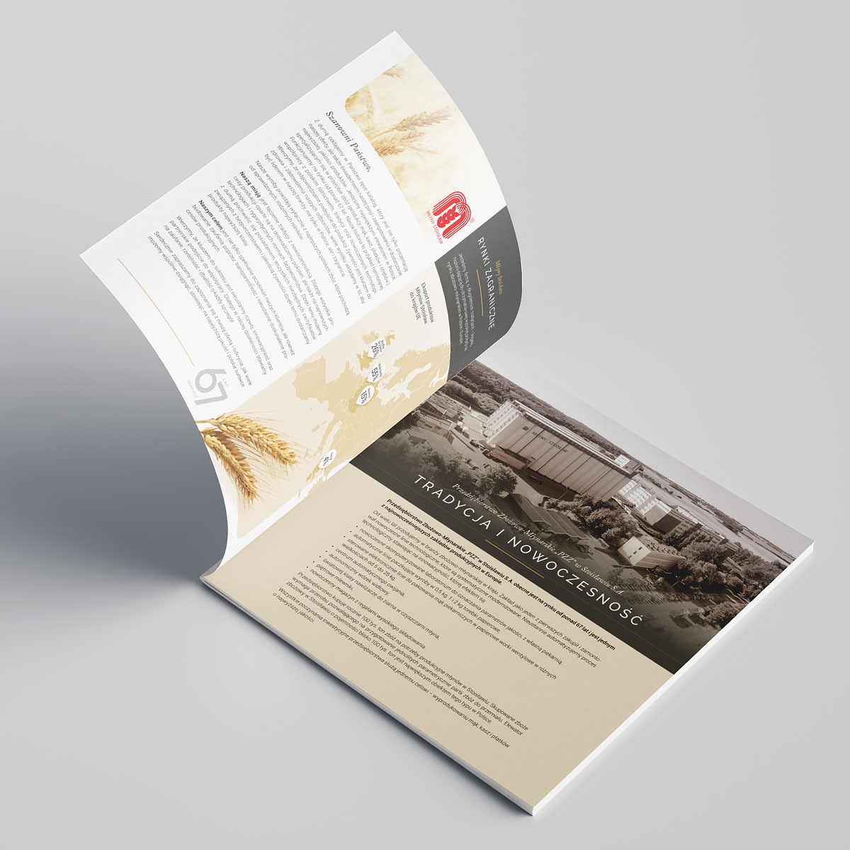 Otwarty katalog firmowy Młynów Stoisław, prezentujący tradycję i nowoczesność firmy. Widoczne zdjęcia zakładu, informacje o rynkach zagranicznych i ofercie.