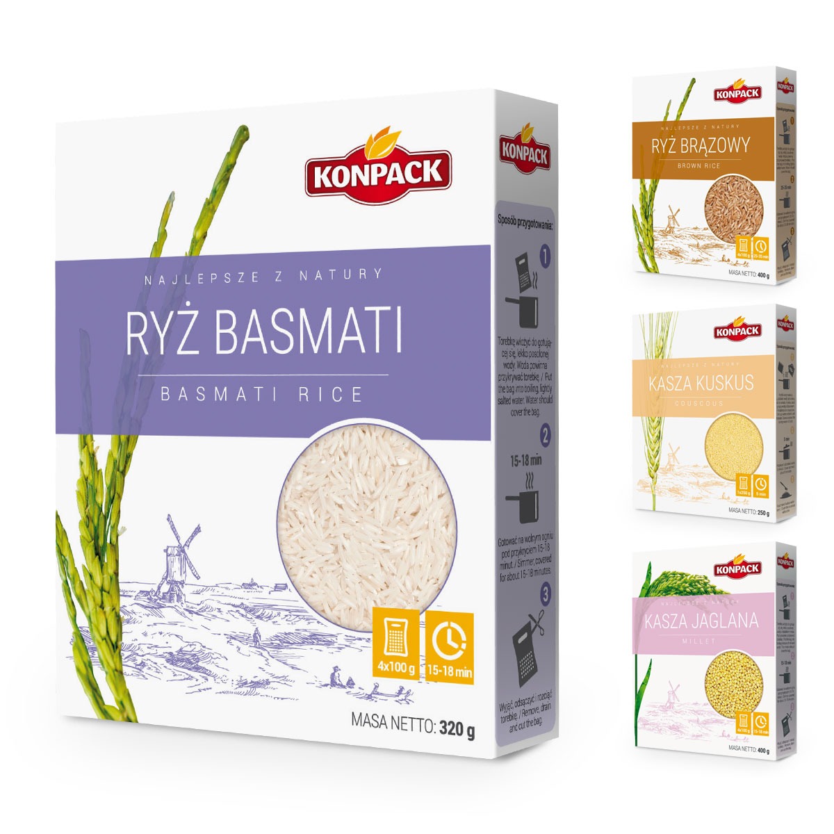 Projekt linii opakowań ryżu i kaszy Konpack: ryż basmati, brązowy, kasza kuskus i jaglana. Minimalistyczny design z ilustracjami w tle i wyraźnym logo.