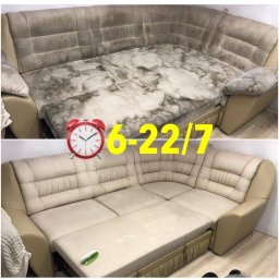 Daniil Mytsul MiKaPro CLEAN - Narożnik przed i po czyszczeniu. Widoczne znaczne różnice w wyglądzie tapicerki, z plamami usuniętymi po zabiegu.