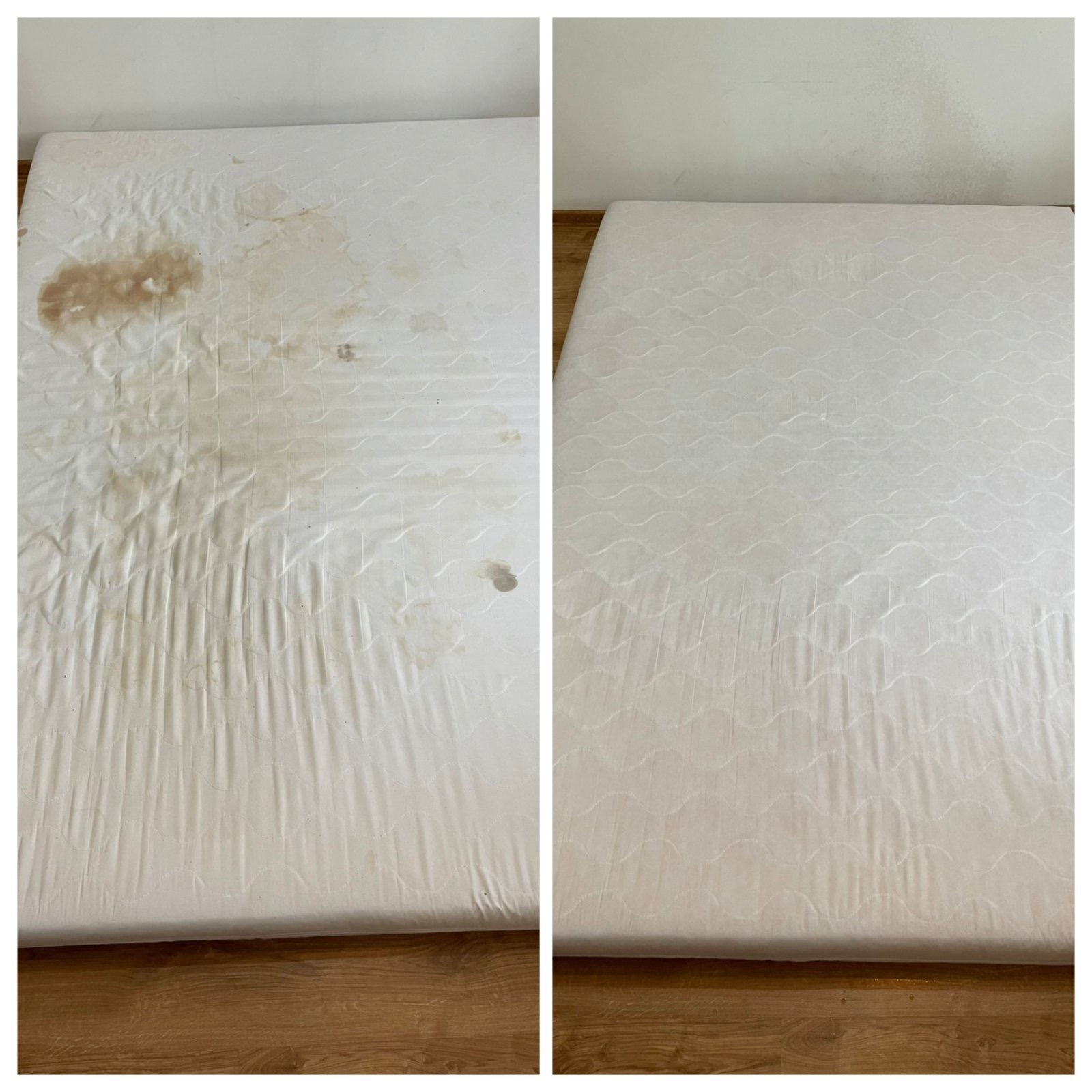 Efekt prania materaca: porównanie stanu przed (zabrudzenia) i po (czysty, biały materac). Widoczne różnice w kolorze i wyglądzie.