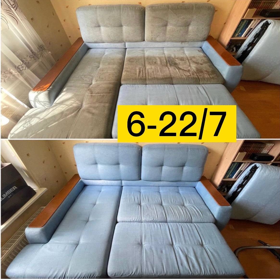 Kanapa narożna przed i po czyszczeniu: widoczna wyraźna różnica w kolorze i czystości tapicerki, z uwzględnieniem drewnianych elementów wykończenia.