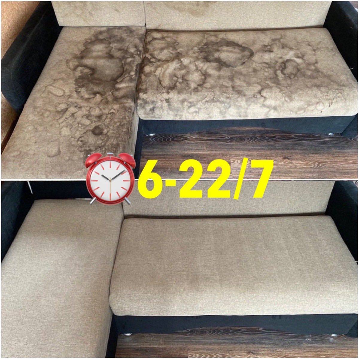 Kanapa narożna: widok przed i po czyszczeniu. Na górze widoczne silne zabrudzenia na jasnej tapicerce, na dole czysta kanapa. Grafika z datą i ikoną zegara.