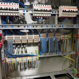 Rozdzielnica elektryczna z bezpiecznikami, listwami zaciskowymi i okablowaniem w kolorach niebieskim, czarnym, żółto-zielonym. Widok z bliska, wewnątrz szafy rozdzielczej.