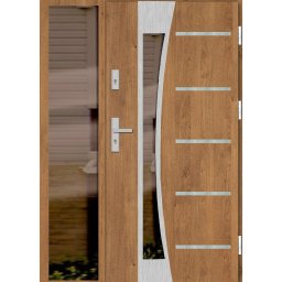 HURTOWNIA OKIEN I DRZWI BLUE RADOSŁAW SZUBA - Nowoczesne drzwi zewnętrzne z bocznym przeszkleniem i srebrnymi akcentami, imitacja drewna, widoczne okucia i zamek, tło rozmyte.