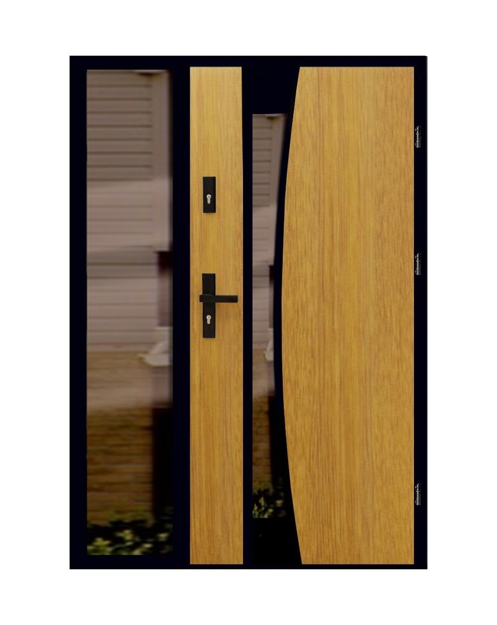 Nowoczesne drzwi wejściowe z elementami szklanymi i drewnianym wykończeniem, czarne okucia, widok na dom z zewnątrz przez szybę.