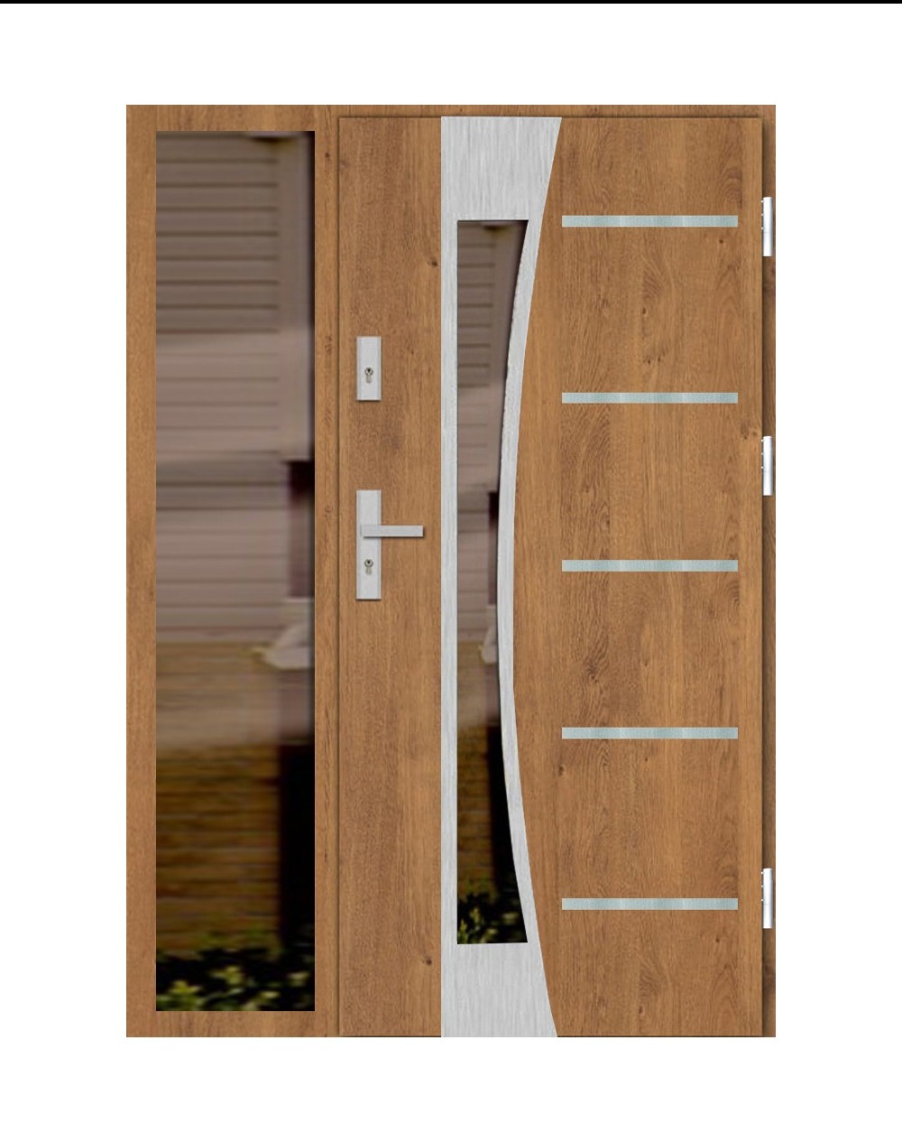 Nowoczesne drzwi zewnętrzne z bocznym przeszkleniem i srebrnymi akcentami, imitacja drewna, widoczne okucia i zamek, tło rozmyte.