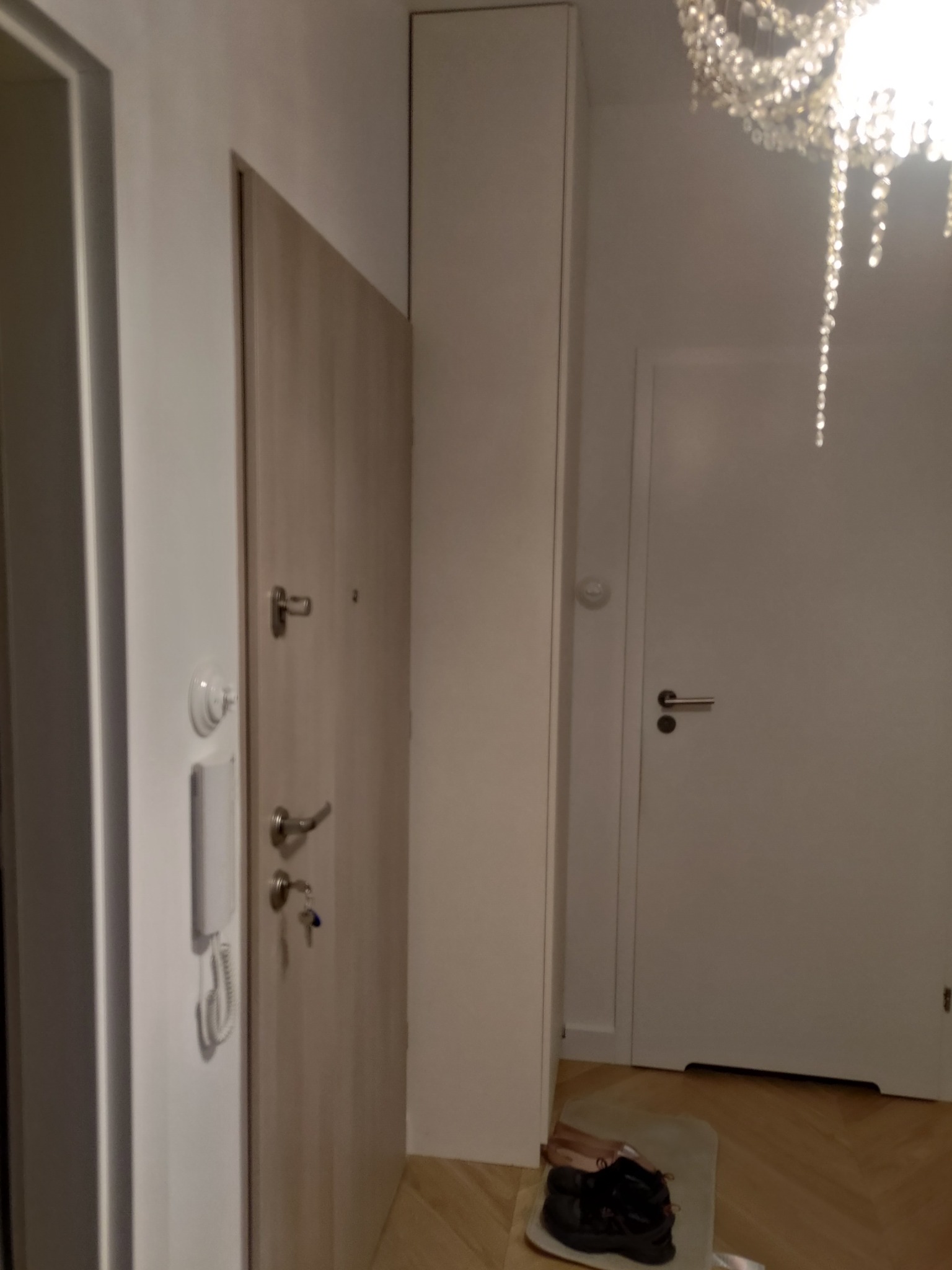 Jasne wnętrze przedpokoju z drewnianą podłogą, widoczne drzwi wejściowe z zamkiem i domofonem, szafa wnękowa oraz kryształowy żyrandol.