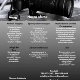 Czarno-białe zdjęcie oferty biura detektywistycznego: aparat Nikon z obiektywem, nagłówek 'Nasza oferta' i wypisane usługi: alimenty, zdrady, podział majątku.