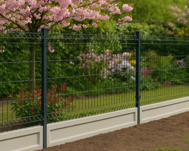 Panelowe ogrodzenie w kolorze grafitowym z podmurówką, na tle kwitnącego drzewa i zielonego ogrodu. Widok z bliska na zainstalowany system.