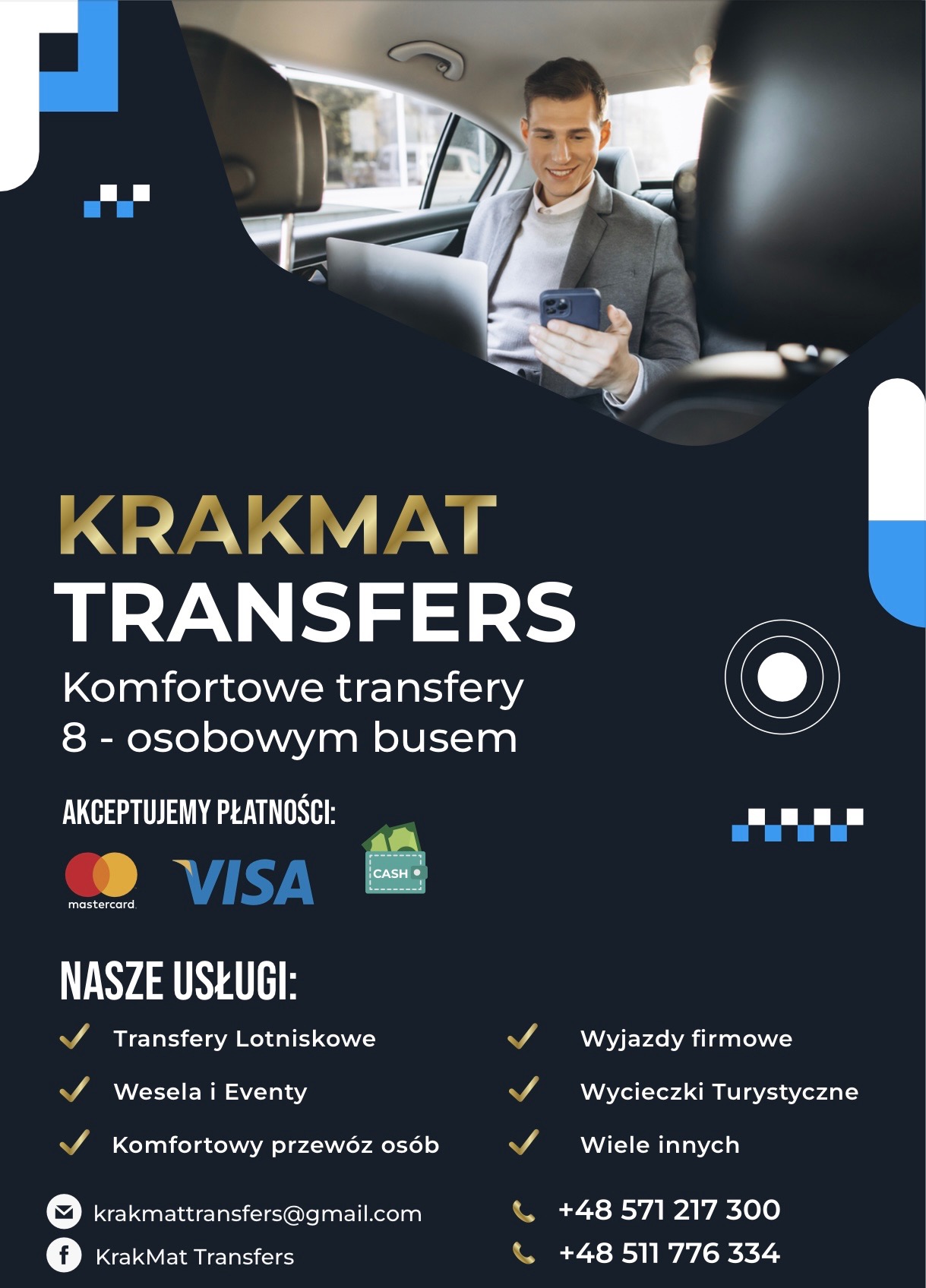 Mężczyzna w garniturze korzysta z telefonu w samochodzie. Reklama firmy Krakmat Transfers oferującej transfery lotniskowe i wycieczki.
