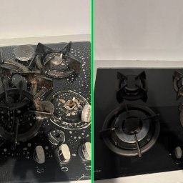 Cysty Dom - Zdjęcie typu 'przed i po' przedstawia czyszczenie płyty gazowej. Po lewej brudna, zalana płynem, po prawej czysta, błyszcząca. Widoczne pokrętła i palniki.